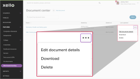 Document center in Xello and the cursor is clicking the three-dot menu next to a document. The options in the menu are Edit document details, Download, and Delete.